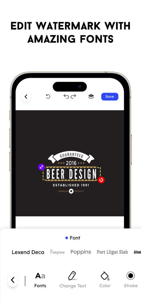 Logo Maker & Generator - Pantalla de smartphone mostrando herramientas de selección de fuentes en la aplicación Creador y Generador de Logos.