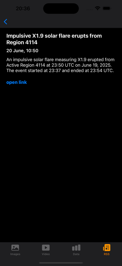 Solar Activity - A news update in the Solar Activity app detailing an impulsive X1.9 solar flare eruption from Region 4114.