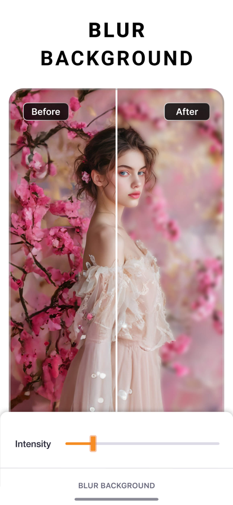 Before and after comparison of the background blur effect on a portrait photo in the PhotoCut app.