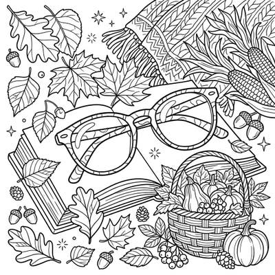 Snuggle up with this charming autumn-themed coloring page, perfect for book lovers and fall enthusiasts. Discover reading glasses nestled amidst a bounty of colorful leaves and harvest treasures, ready for your creative touch.