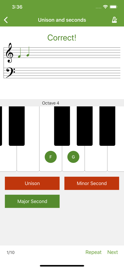 Perfect Ear - Ear Trainer - A music theory quiz in the Perfect Ear app where the user correctly identifies a major second interval on a piano keyboard.