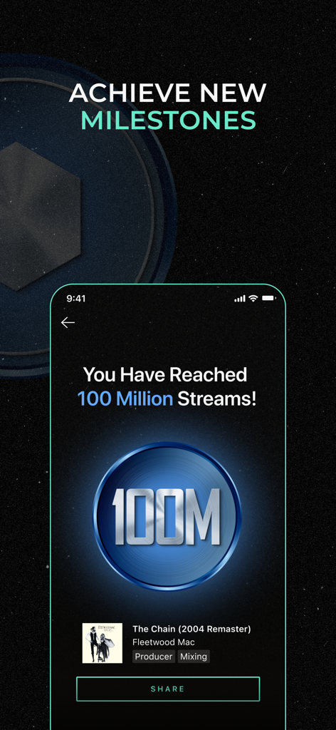 Muso.AI app interface celebrating a milestone of reaching 100 million streams for a music professional