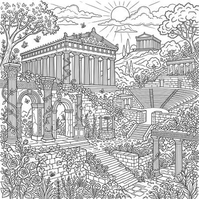 Embark on a serene artistic journey with this unique coloring page blending the majesty of ancient Greek ruins with the charming tranquility of cottagecore aesthetics. Discover a world where classical architecture meets abundant nature, offering a peaceful escape.