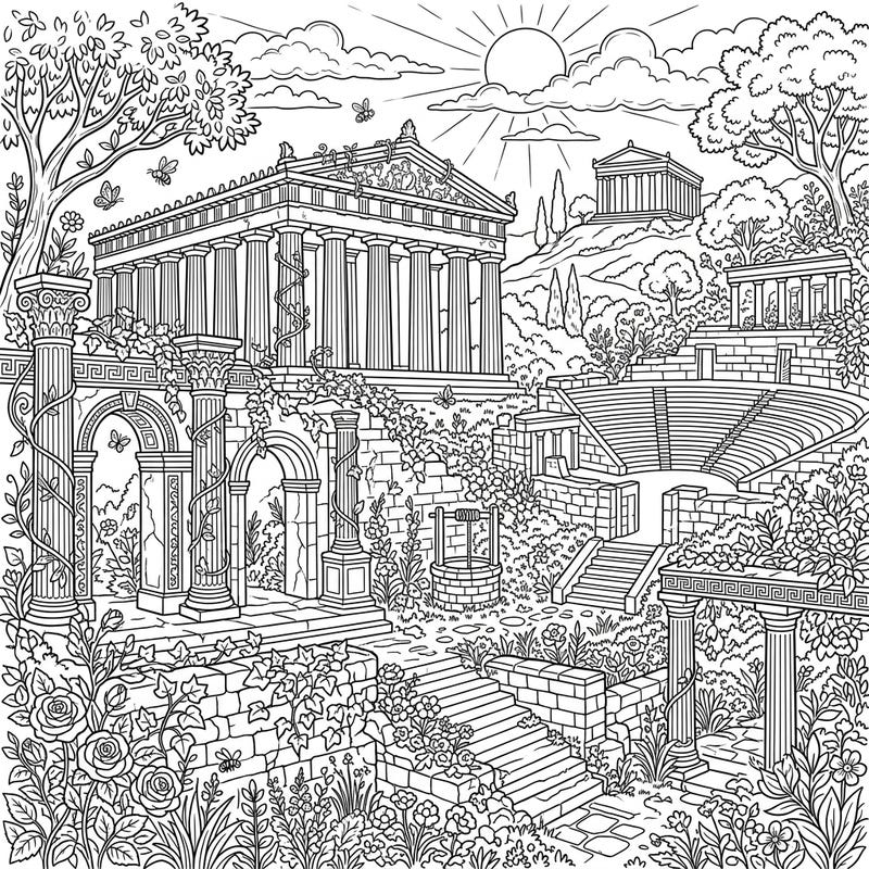Embark on a serene artistic journey with this unique coloring page blending the majesty of ancient Greek ruins with the charming tranquility of cottagecore aesthetics. Discover a world where classical architecture meets abundant nature, offering a peaceful escape.