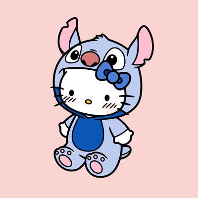 little cute hello kitty, blushing with little stitch costume