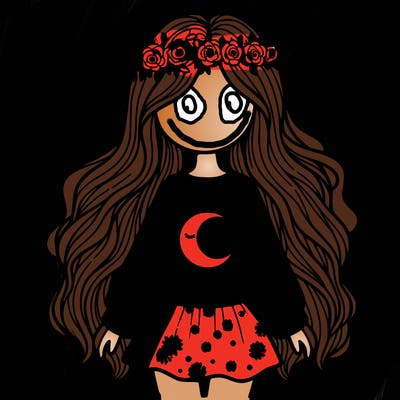 a girl with long flow hair with the flower crown and a moon sweatshirt and a floral skirt