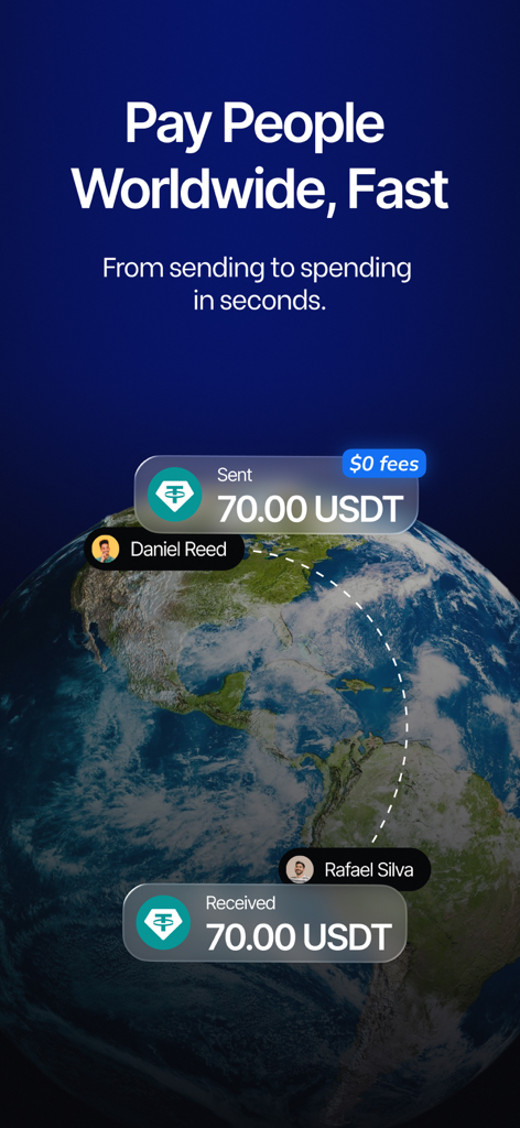 Interfaccia che mostra un trasferimento USDT istantaneo a zero commissioni tra due persone a livello globale su una mappa del mondo
