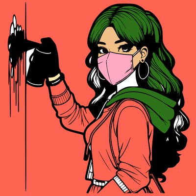 realistic girl with mask spray painting a wall