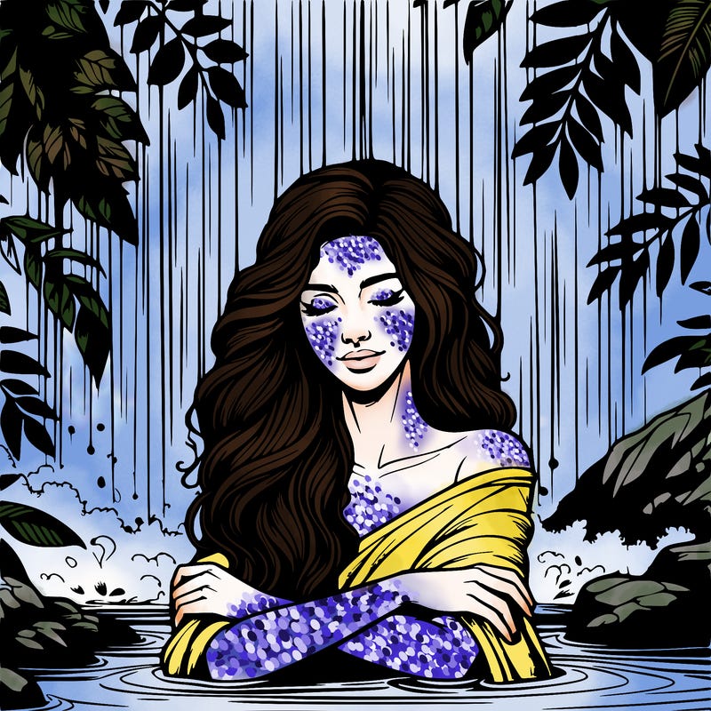 realistic female model under waterfall