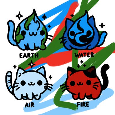4 cats that represent the different elements, earth, water, air, and fire
