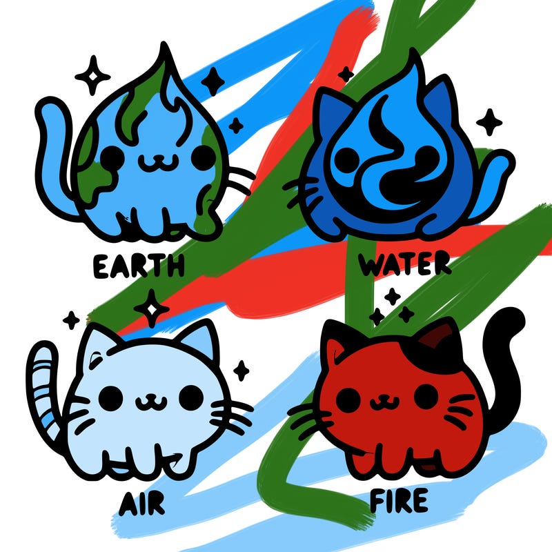 4 cats that represent the different elements, earth, water, air, and fire