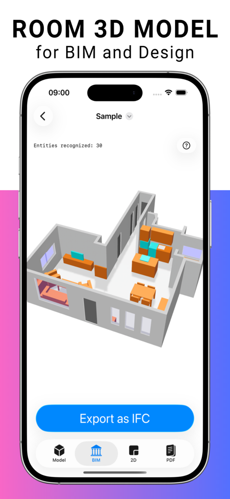 BIM Scanner app interface showing a 3D room model with an Export as IFC button