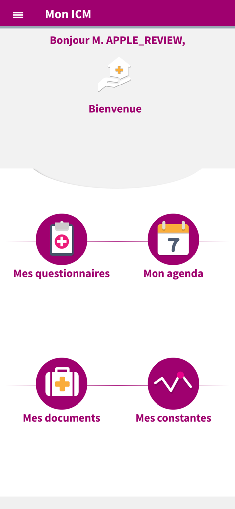 mon ICM - Startbildschirm der Mon ICM Mobile App mit Symbolen für medizinische Fragebögen, Agenda, Dokumente und Gesundheitswerte.