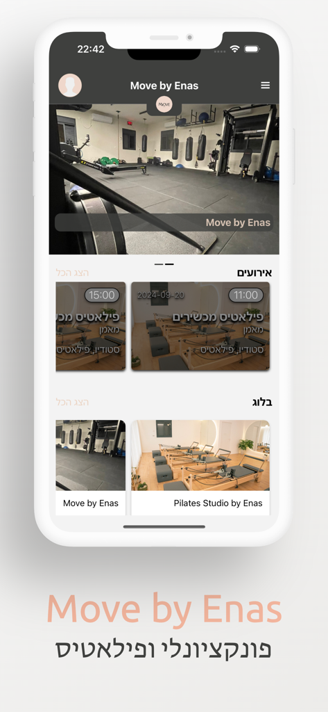 Move by Enas app home screen showing a Pilates studio interior, class schedules, and wellness blog sections.