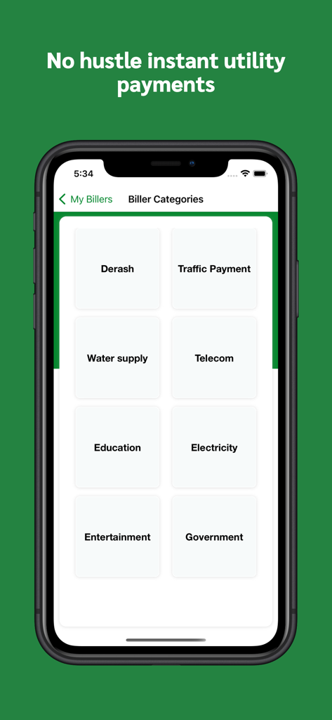 Ebirr - Ebirr mobile app display showing biller categories for utility payments like electricity water and telecom
