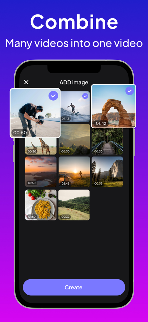 Video Downloader : Video Save - Mobile app interface showing the feature to combine many videos into one video