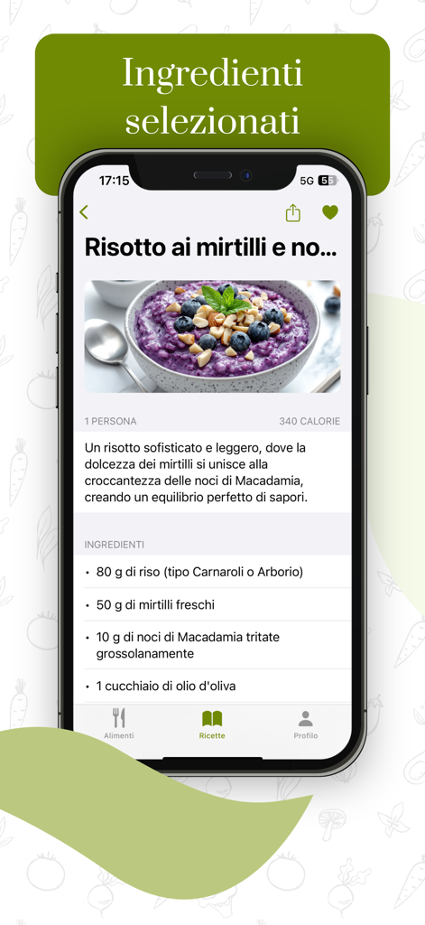Una receta de risotto bajo en histamina de arándanos y nueces de macadamia en la interfaz de la aplicación móvil Senza Istamina.