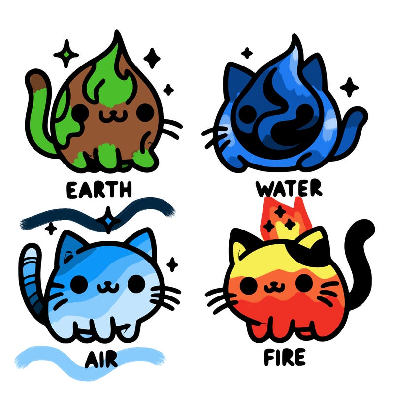 4 cats that represent the different elements, earth, water, air, and fire