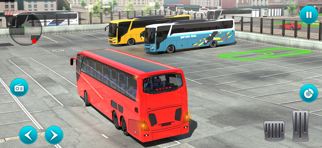 Red tour bus in a parking lot in World Tour Bus Simulator 2024