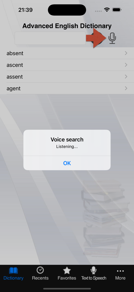 Advanced English Dictionary app interface showing the voice search feature listening for a word