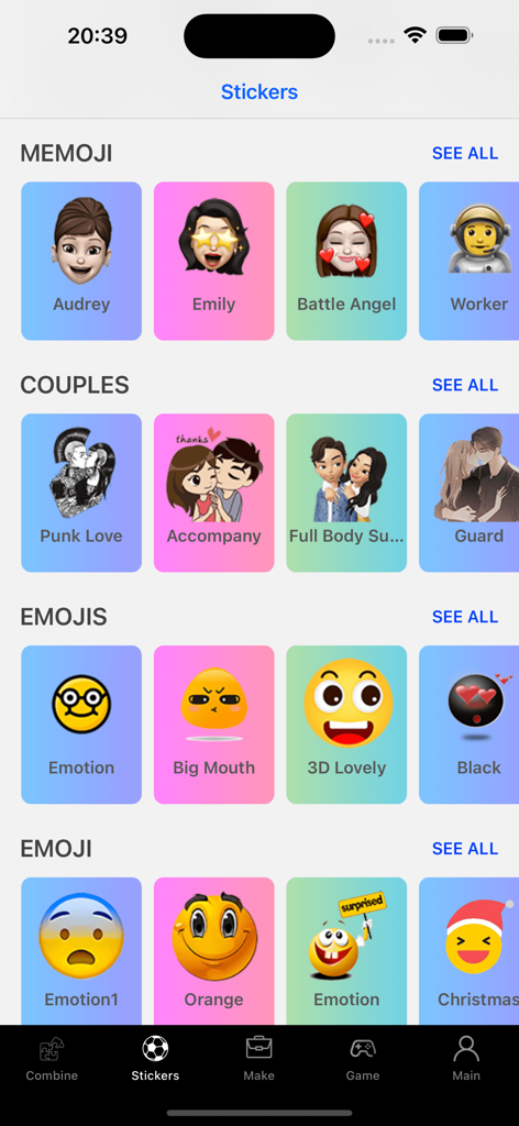A library of custom stickers and emojis organized by categories in the StickerMaker Keyboard app