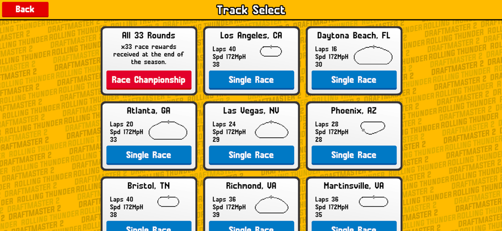Draftmaster 2 - Track selection screen in Draftmaster 2 featuring various US oval racing tracks like Daytona and Atlanta.