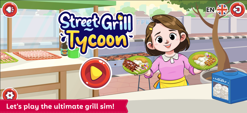 Street Grill Tycoon - Street Grill Tycoon game home screen showing a female character holding plates of grilled skewers in front of a street food stall.