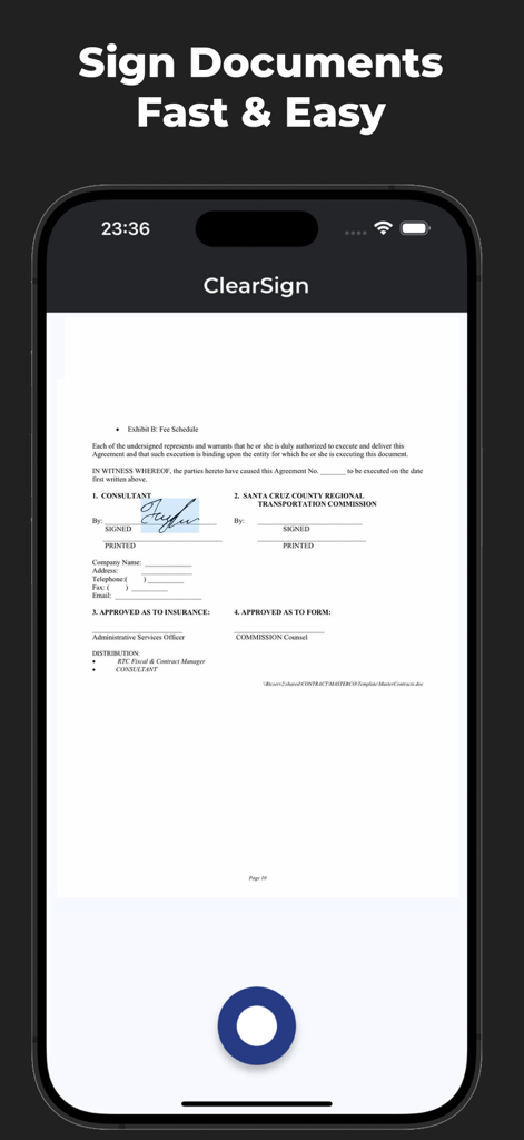Clearsign: Sign Documents & AI - Smartphone showing a professional document being signed with a digital signature in the Clearsign app