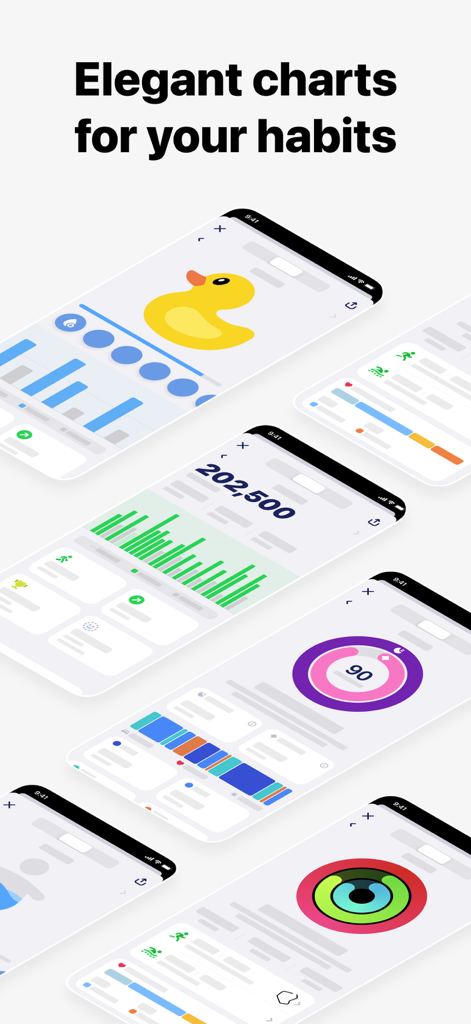 GrowPal: Health & Fitness - iPhoneの画面コレクションで、GrowPalのエレガントな習慣と健康トラッキングチャートが表示されています。