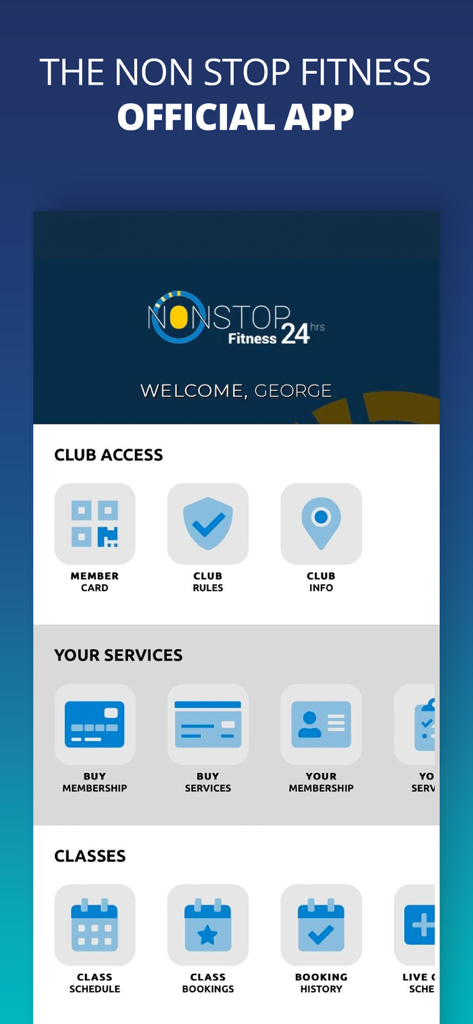 Interface of the Non Stop Fitness app showing the home screen with sections for club access, services, and class bookings.