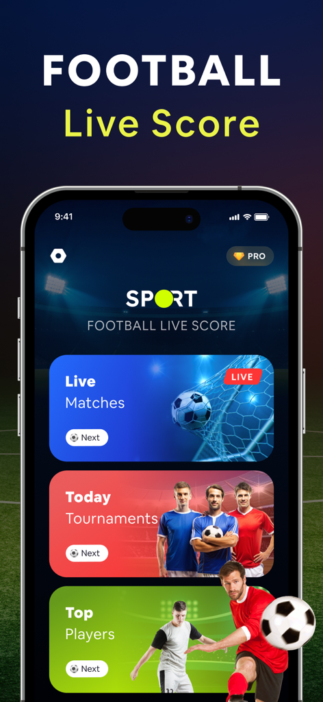 Live Football TV : HD TV Score - Main interface of the Live Football TV app showing options for live matches tournaments and top players