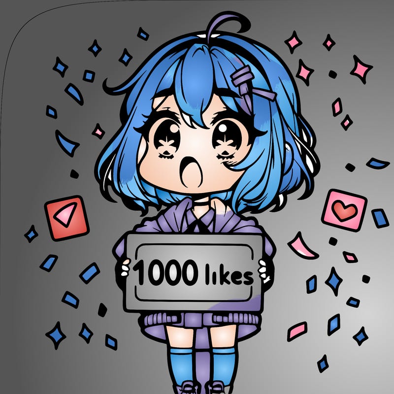 a chibi girl with a shocked expression with a sign that says "1000 likes" with confetti around her
