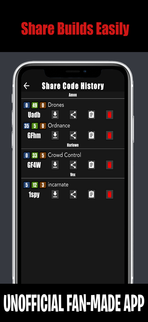 A mobile screen showing the Share Code History for character builds including options to share and download build codes for Amon Harlowe and Vex