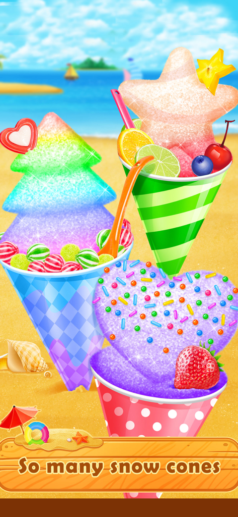 Three colorful snow cones in heart star and tree shapes decorated with fruit on a sunny beach