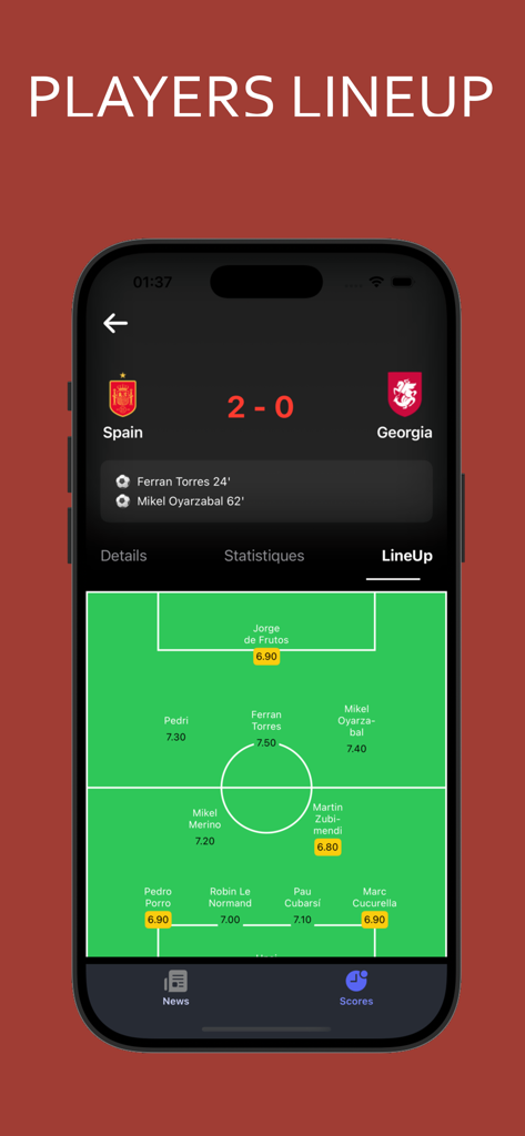 Écran de l'application mobile Yacine TV montrant une composition tactique de football et les notes des joueurs pour un match Espagne vs Géorgie.