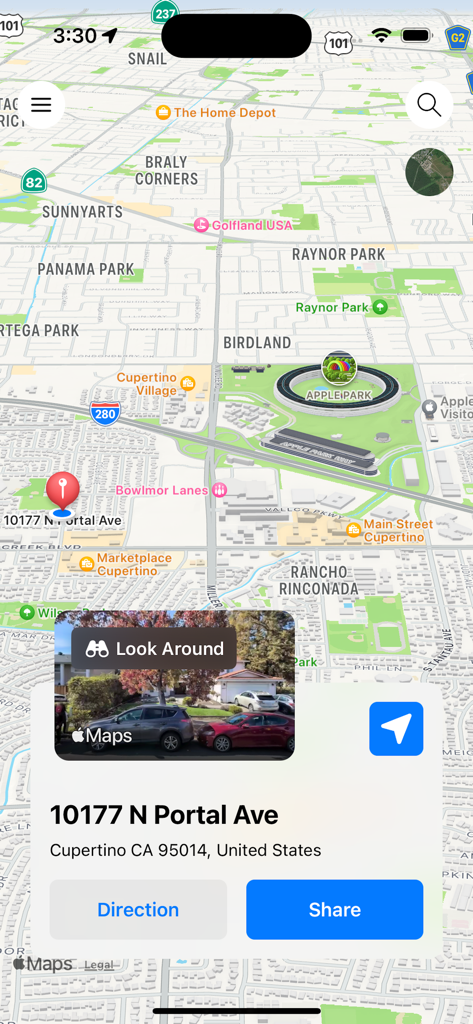 Street View-Live Camera 360° - Interfaz de aplicación móvil que muestra un mapa de Cupertino California con una vista previa de la calle y opciones de navegación
