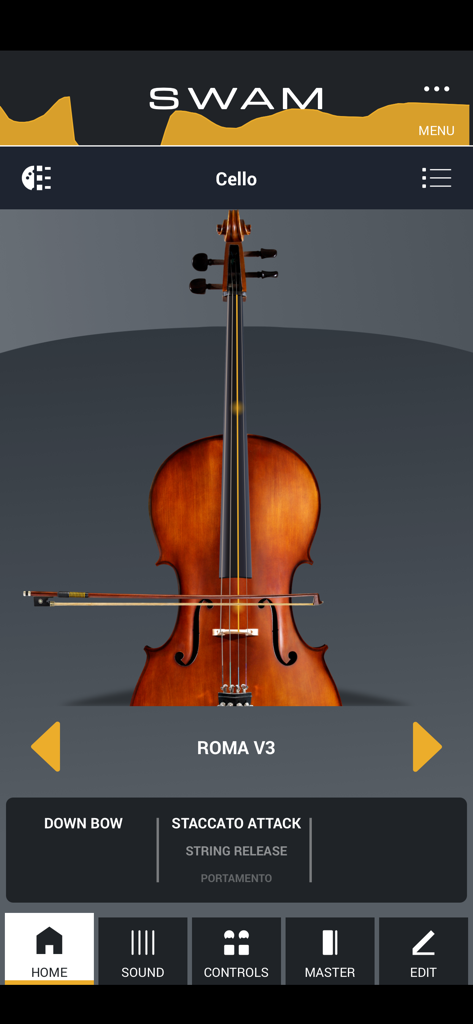 SWAM Cello - Home screen of the SWAM Cello app showing a virtual cello with performance settings.
