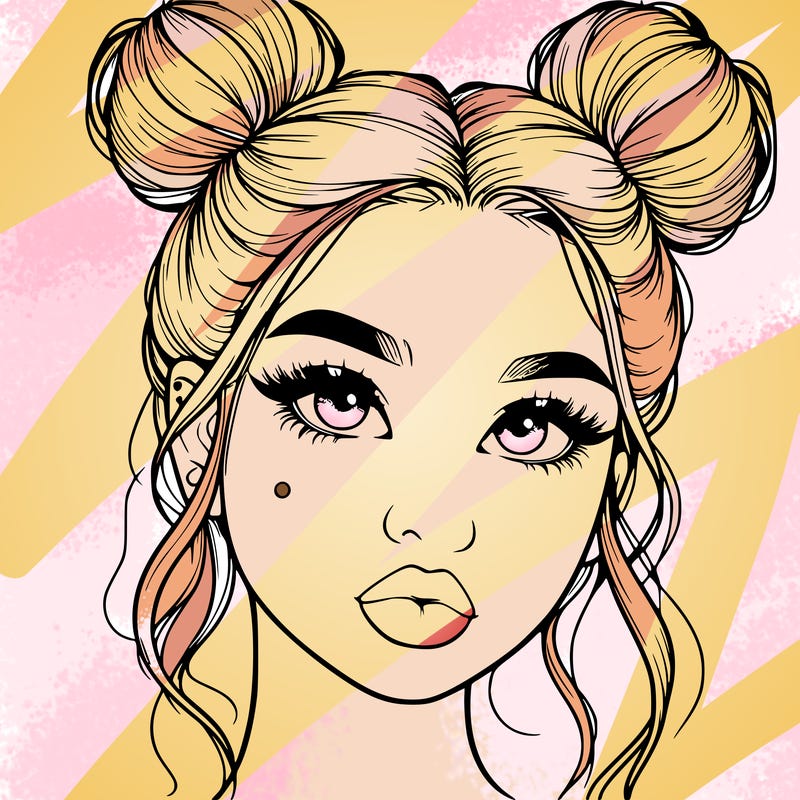 realistic girl with two buns on her hair and lips