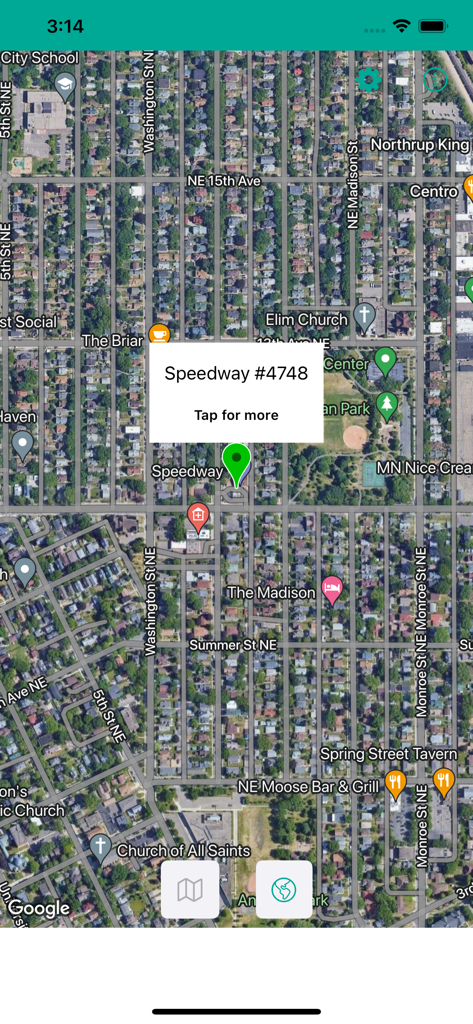 E85 Stations USA - Satellite map view in the E85 Stations USA app showing the location of a Speedway gas station.