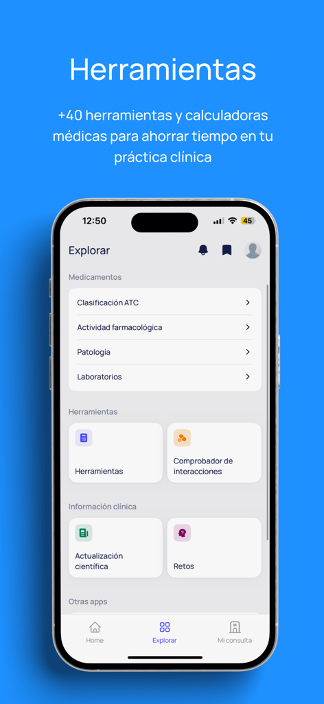 iDoctus - Captura de pantalla del menú de herramientas de la aplicación iDoctus mostrando calculadoras médicas y comprobador de interacciones farmacológicas para profesionales de la salud.