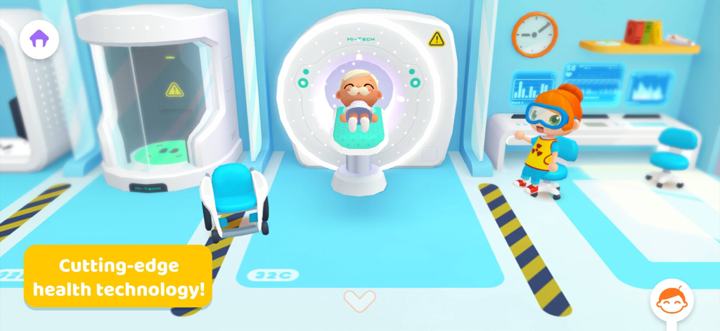 Central Hospital Stories - Un personaggio in versione cartone animato sdraiato in una macchina per la risonanza magnetica high-tech con un tecnico medico a un terminale.