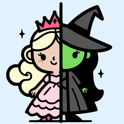 detailed split of a princess and a witch