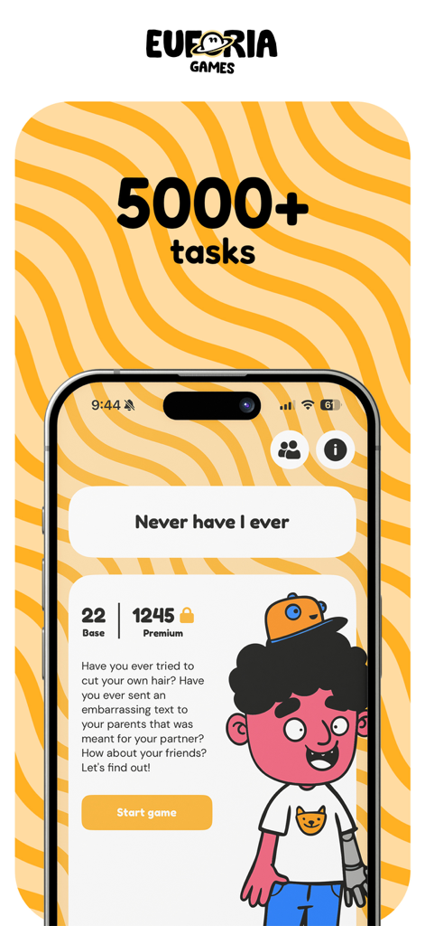 Eufória - The Party Game - Smartphone-Bildschirm, der das Eufória-Partyspiel mit dem Modus 'Ich habe noch nie' und fünftausend Aufgaben zeigt.