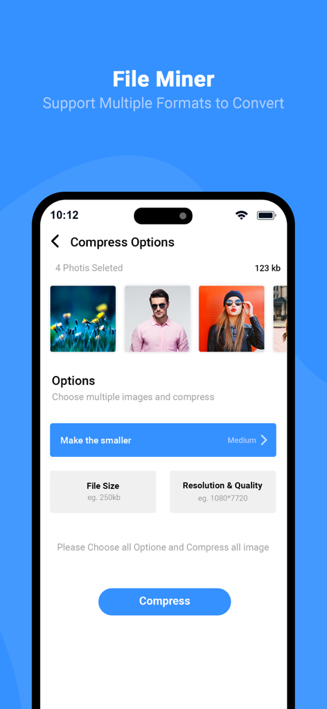 Interfaz de la aplicación File Miner para seleccionar niveles y configuraciones de compresión de fotos.