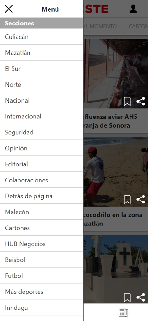 Menú lateral de la aplicación de noticias Noroeste mostrando categorías regionales como Culiacán y Mazatlán junto con secciones de deportes y política.