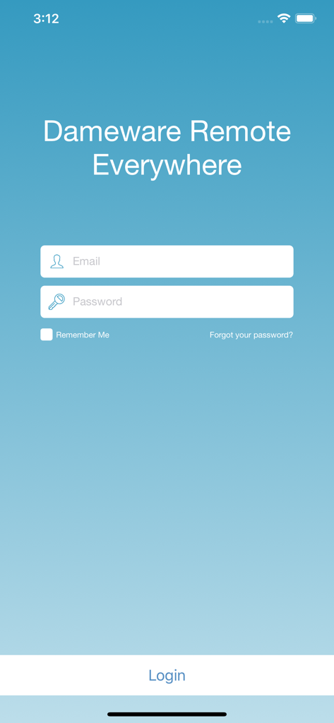 Dameware Remote Everywhere - Tela de login do aplicativo Dameware Remote Everywhere com campos de e-mail e senha