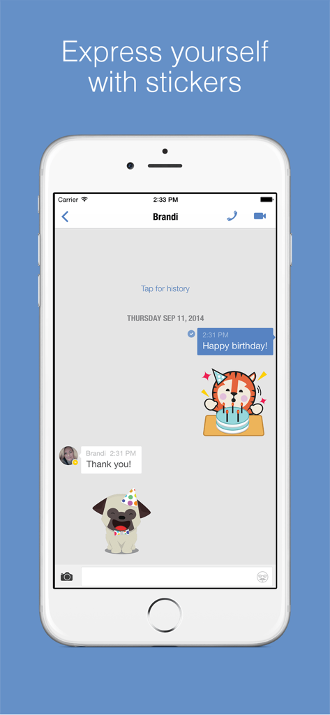 imo Pro video calls and chat - imo Pro app chat interface displaying festive birthday stickers in a conversation.