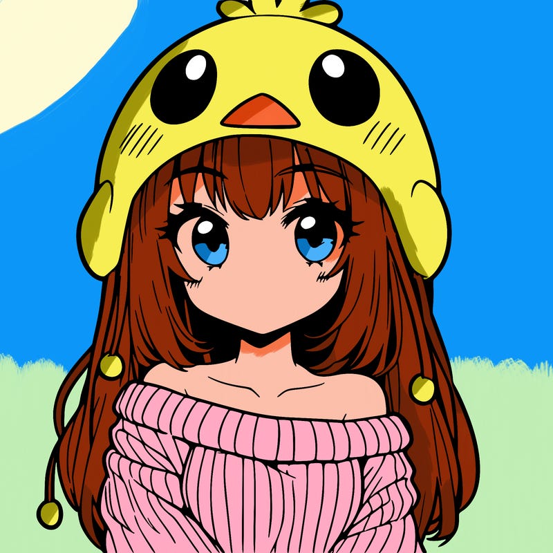 anime girl with chick shaped hat with sweater with bare shoulders with bangs covering them one eye with low tail