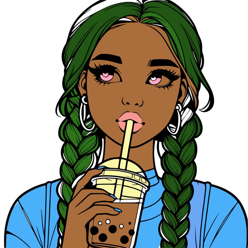 realistic girl with braided hair drinking boba