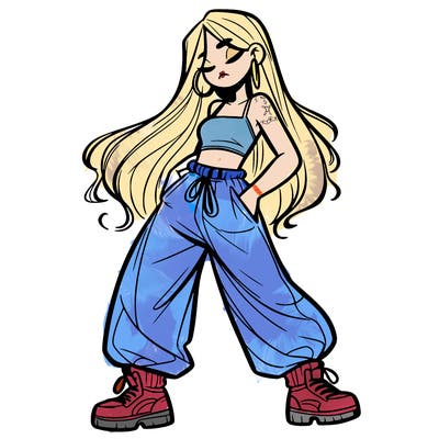 girl in baggy pants crop top and long hair